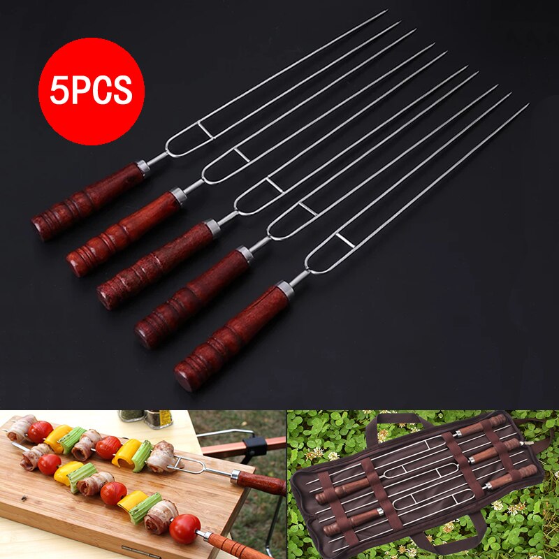 5pcs BBQ Stainless Steel Roasting Forks With Bag Camping Chicken wings Dog Skewers Wood Grill Barbecue Tool dls Kebab