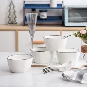 Huishouden Kom Set Keramische Servies Combinatie Leuke Cartoon Japanse Kom Creatieve Eten Rijstkom Soepkom Met Lepel: Grijs