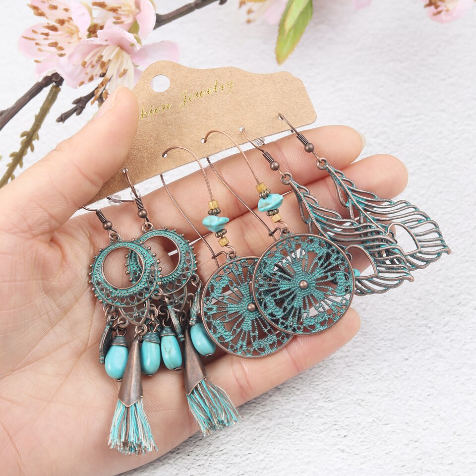 Conjuntos de múltiples pendientes para mujer, femenina, Pendientes colgantes étnicos estilo bohemio envejecido, accesorios de joyería