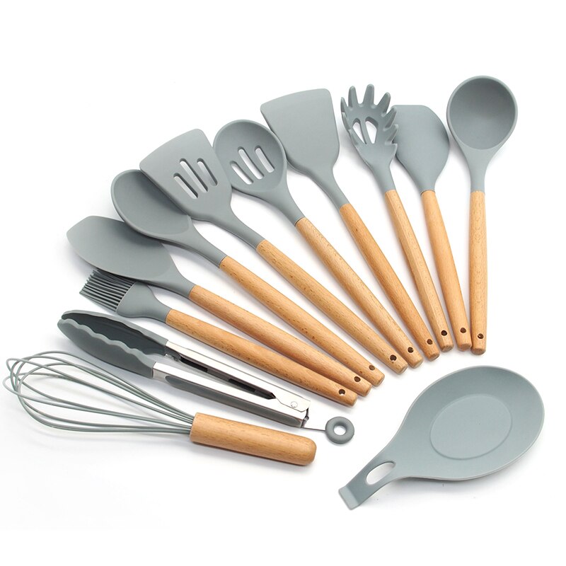 Beukenhout Gebruiksvoorwerp Serveren Spaghetti Sleuven Spatel Siliconen Koken Lepel Set Met Houten Lange Handvat Houder Voor Keuken