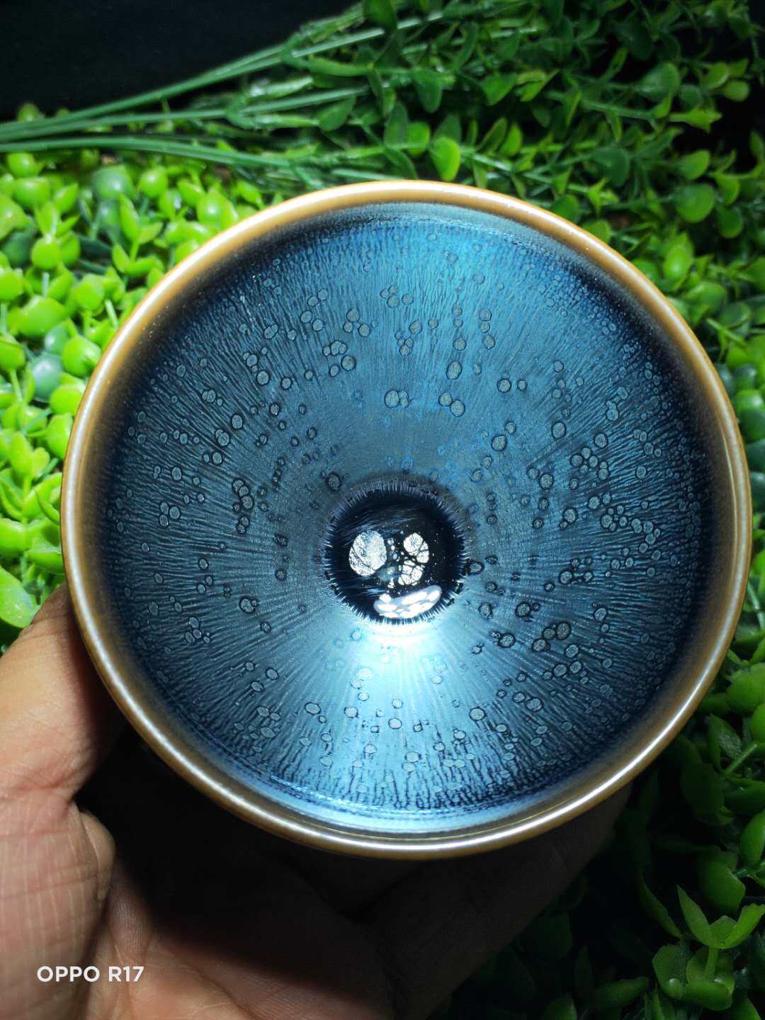 Jianzhan Tenmoku Glaze Tea Cup Pottery Chawan Blue Rare Sky Eye Pattern Handmade Chinese Porcelain Best for Tea Ceremony