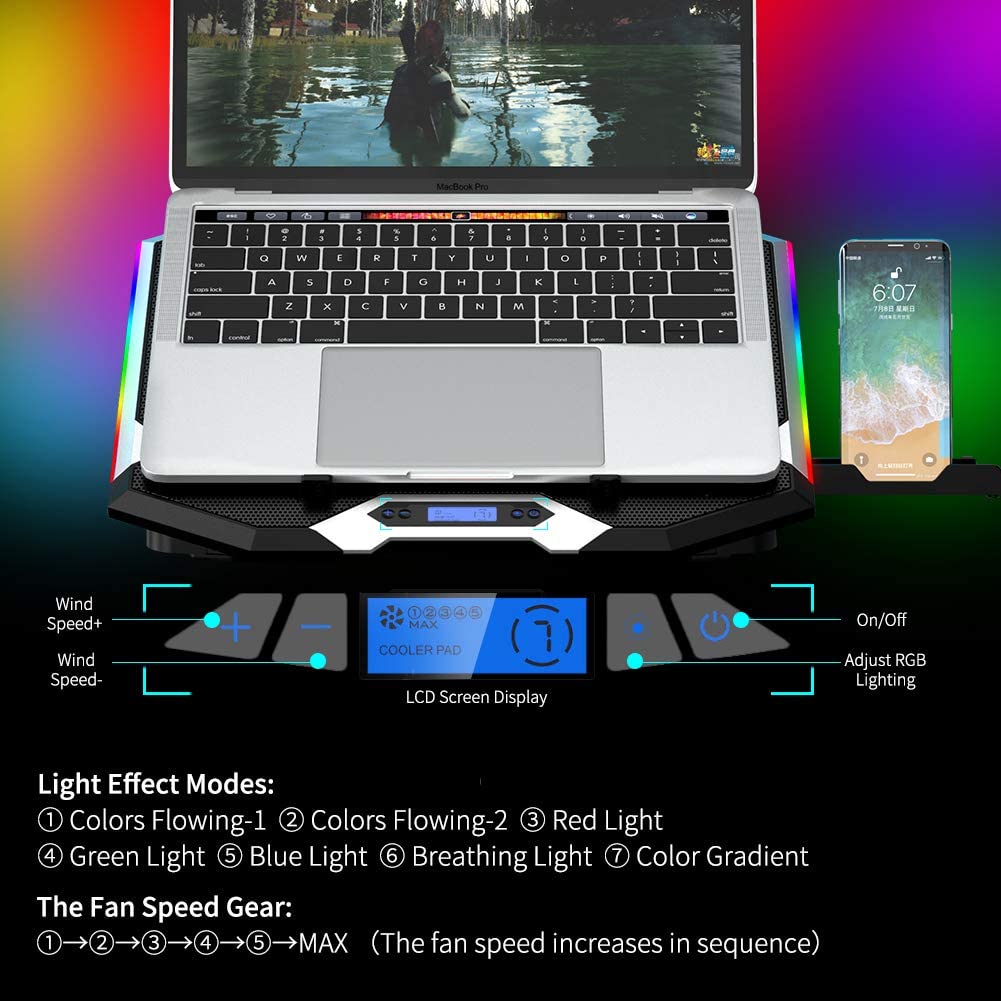 Refrigerador RGB para ordenador portátil, almohadilla de refrigeración para portátil de 12-18 pulgadas, seis ventiladores, pantalla LCD, soporte ajustable para Notebook, dos puertos USB