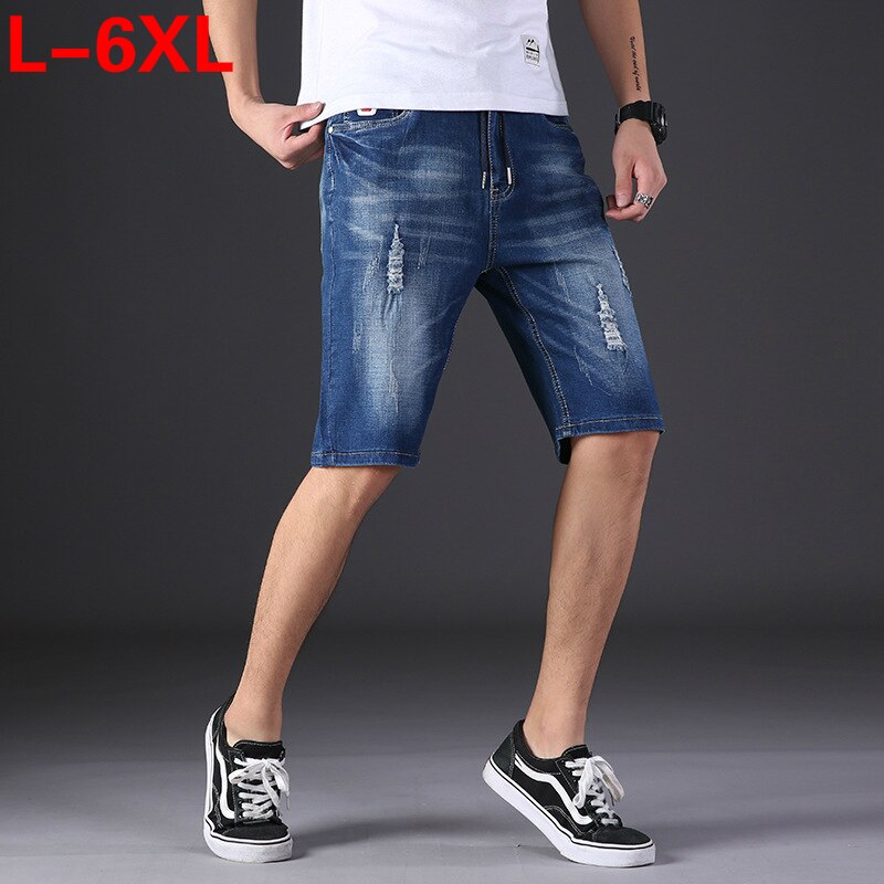 Stor størrelse 5xl 6xl 155kg denim jeans mænd shorts halv jeans løs denim afslappet flået shorts sommer hul elastik til fed broder