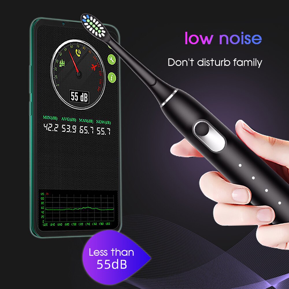 [ZS] – brosse à dents électrique sonique silencieuse, Base sans fil IPX7, étanche, 5 Modes, ondes acoustiques, poils doux, avec 8 têtes de rechange