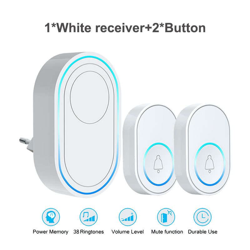 Wireless Doorbell White 433MHz Smart Home Chimes DoorBells Alarm Welcome Receiver Intelligent LED Ring Bell EU UK US Plug: C-1 receiver 2button / UK plug