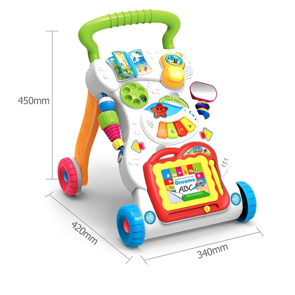Baby Walker Toddler Trolley Sit-to-Stand Walker for Kid's Early Learning Educational Musical Adjustable Baby First Steps Car