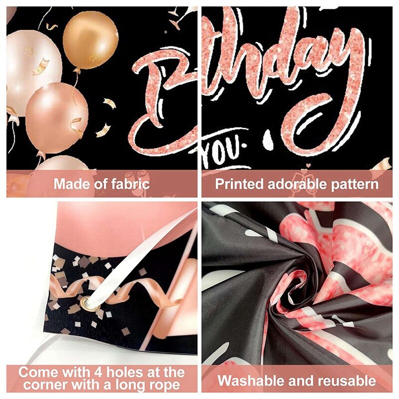 Birthday Banner for Girls Women, Party Birthday Decoration Set for Anniversary Decoration with Ribbon, Rose Gold