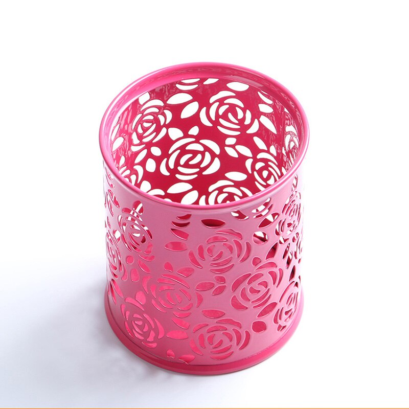 1PC Storage Organizer Hollow Rose Flower Pen Case Pencil Stand Container Stationary Study Round Pen Holders: Rose Red