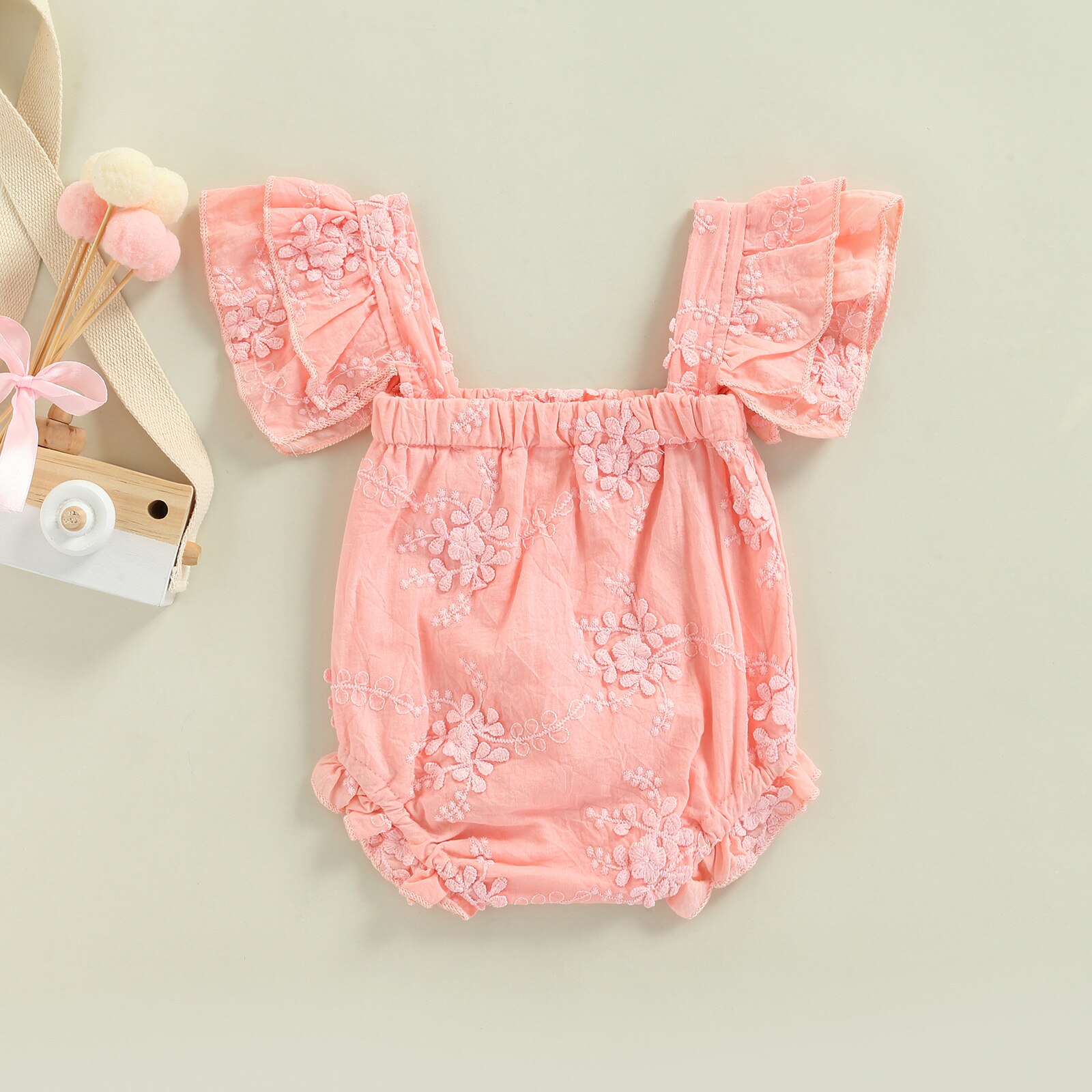 Mono de algodón con bordado de flores para niña, pelele sin mangas con cuello cuadrado, entrepierna a presión