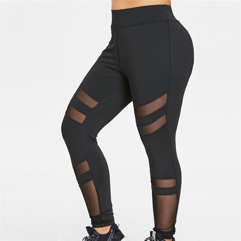 Fitness moda mujer træning yoga leggings kvinder plus størrelse midje talje solid mesh patchwork elastiske sportsbukser bukser