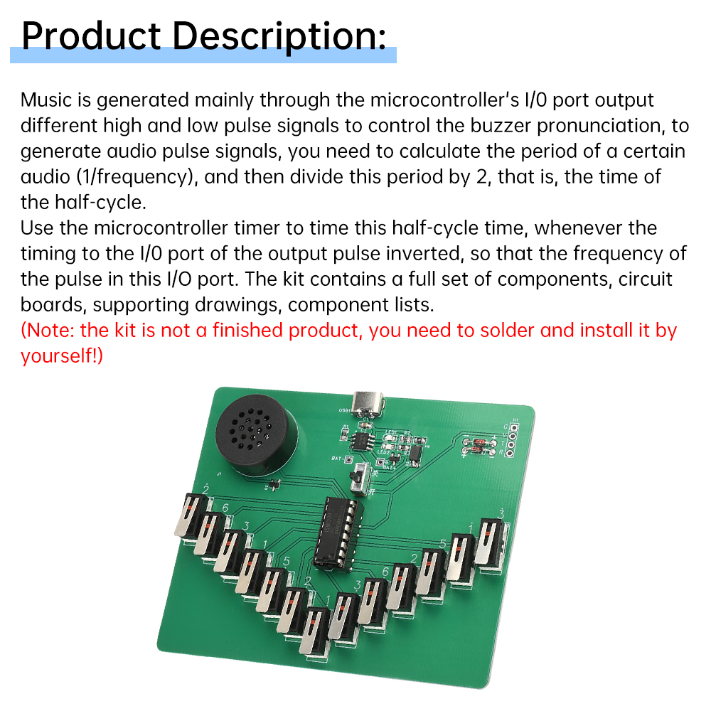 Elektronisches Kalimba-DIY-Bausatz, DC 3–5 V, pentatonisches Instrument, Schweißübungen, lustige Leiterplattenteile Typ C, ohne Batterie