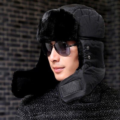 Gorros de estilo aviador para hombre, gorros de estilo aviador de invierno, de color sólido, con hueso más grueso, sombrero de nieve ruso, con solapa para las orejas, gorro de lei feng, novedad de: black