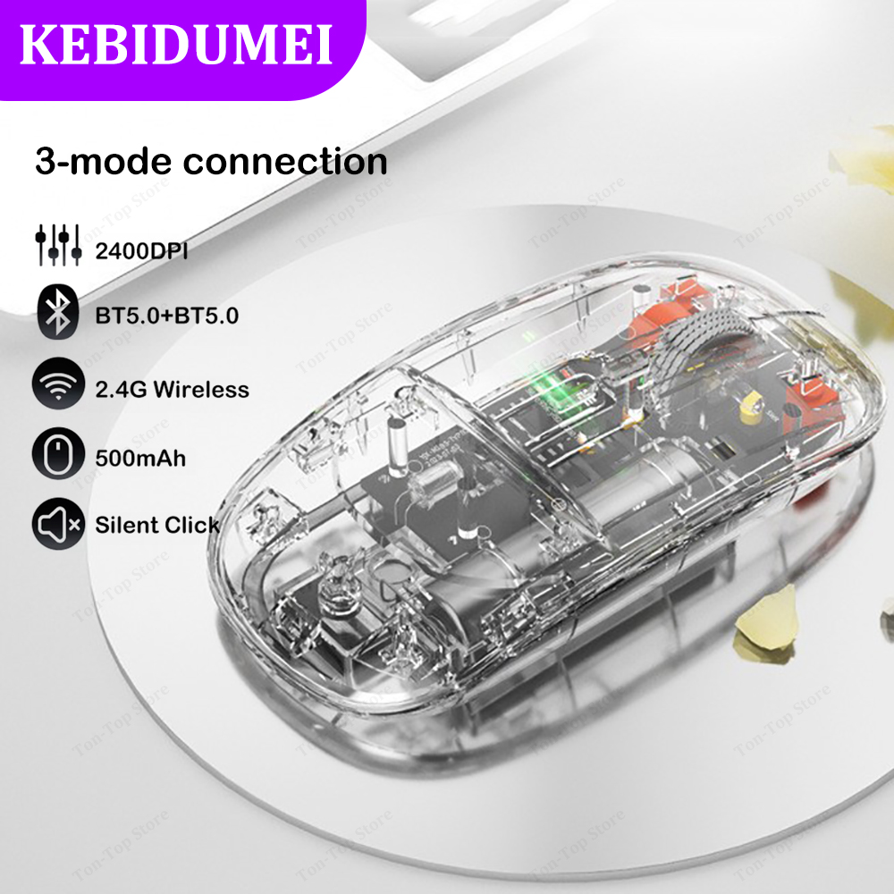 Dual Bluetooth 5.0 Mouse 2.4G Wireless Mouse Tri-Mode Transparent Mouse 2400DPI Silent Mouse 500mAh Rechargeable Mice for Laptop: PURPLE