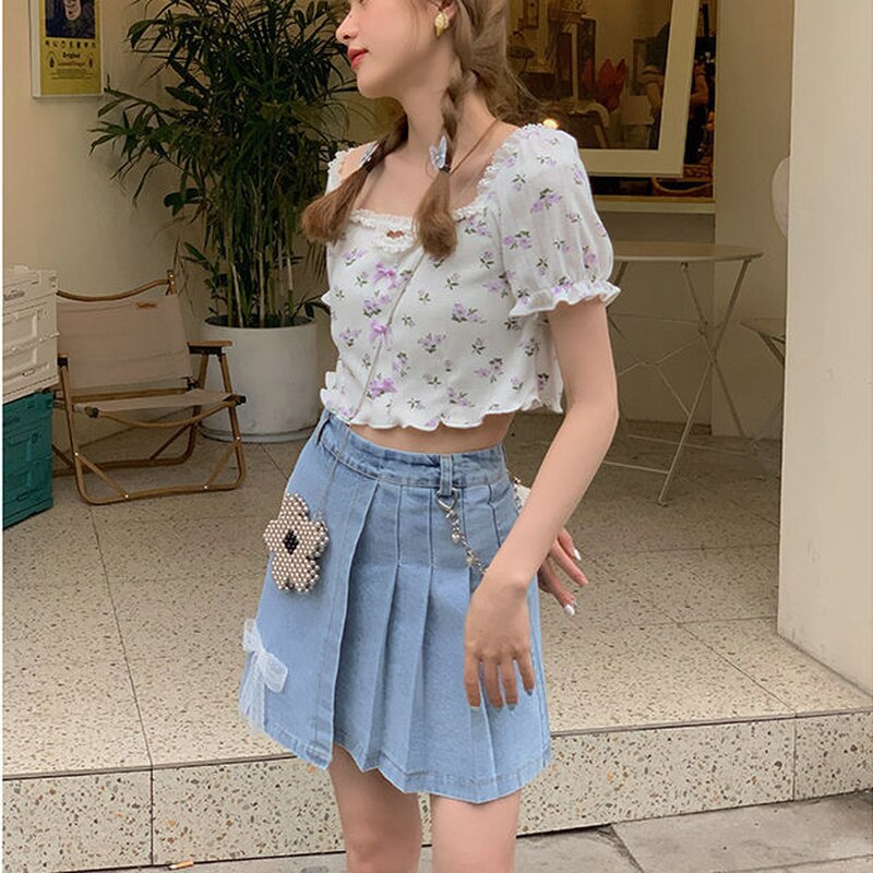 HOUZHOU-Falda vaquera Vintage para mujer, Falda plisada asimétrica de cintura alta con cadena de lazo Kawaii, ropa de calle informal de coreana para verano