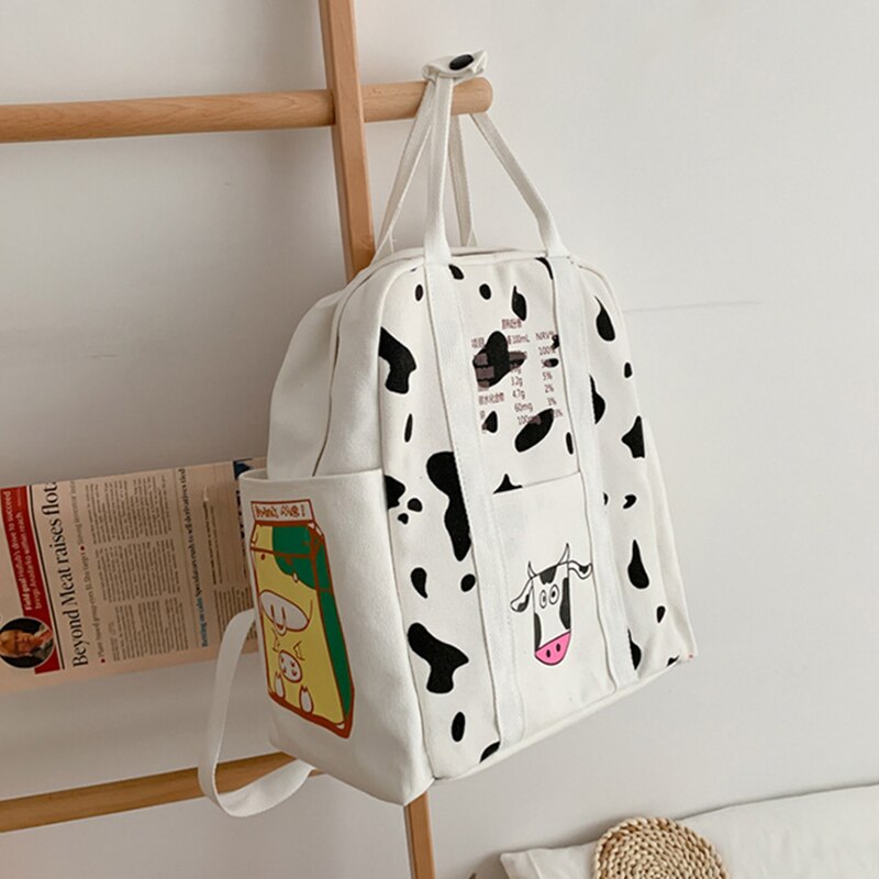 2pcs/set Cute Girls Milk Cow Printing Backpack Women Canvas Travel Knapsack Student School Bag Teenager Rucksack