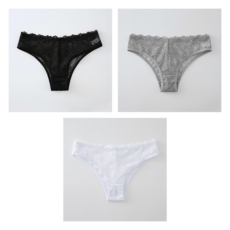 BANNIROU 3pcs Sexy Lace Women&#39;s Panties Sexy Briefs Underwear For Women Female Underpants Solid Mid-Rise Ladies Intimates 2022: black-gray-white / L