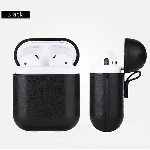 Capa de couro para airpods 2, capa para apple airpods 2 alça pc + estojos de cobertura com botões, película protetora de couro para airpods, dropshipping: black