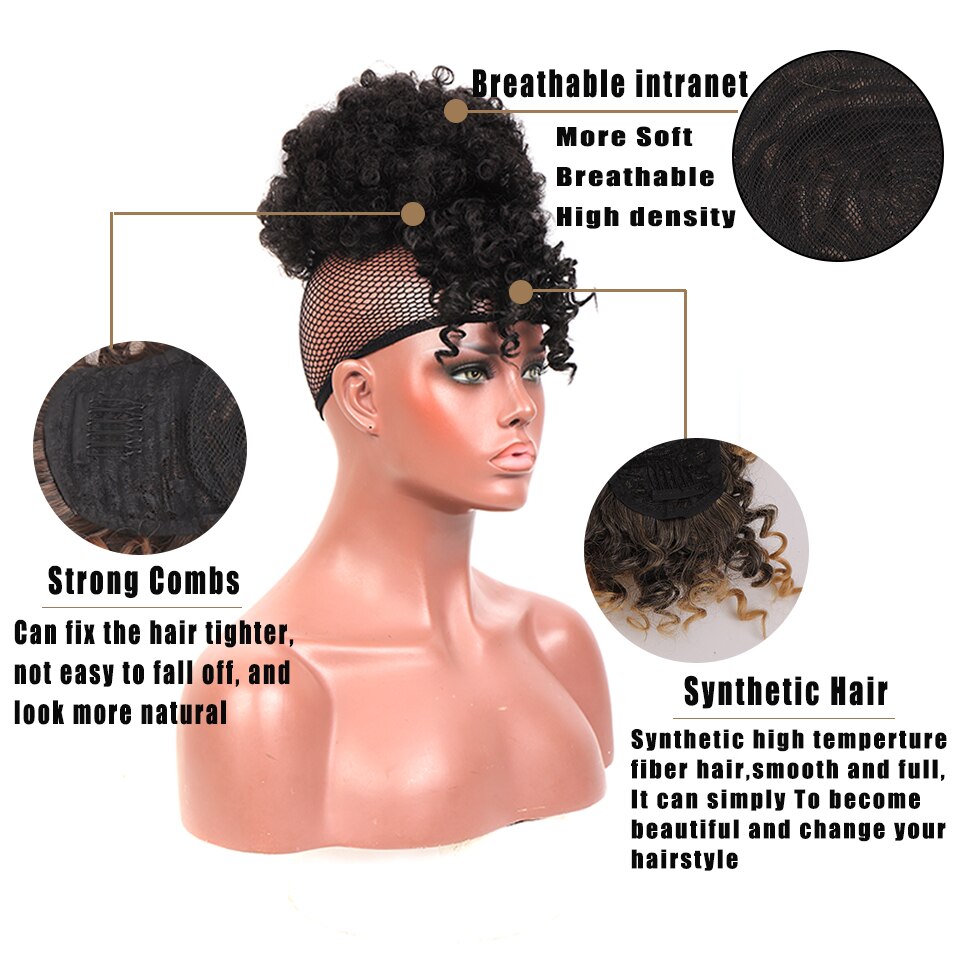 LUPU Synthetic Hair Bun High Puff Afro Kinky Curly Chignon Clip In Hair Extension Drawstring Ponytail With Bangs Heat Resistant