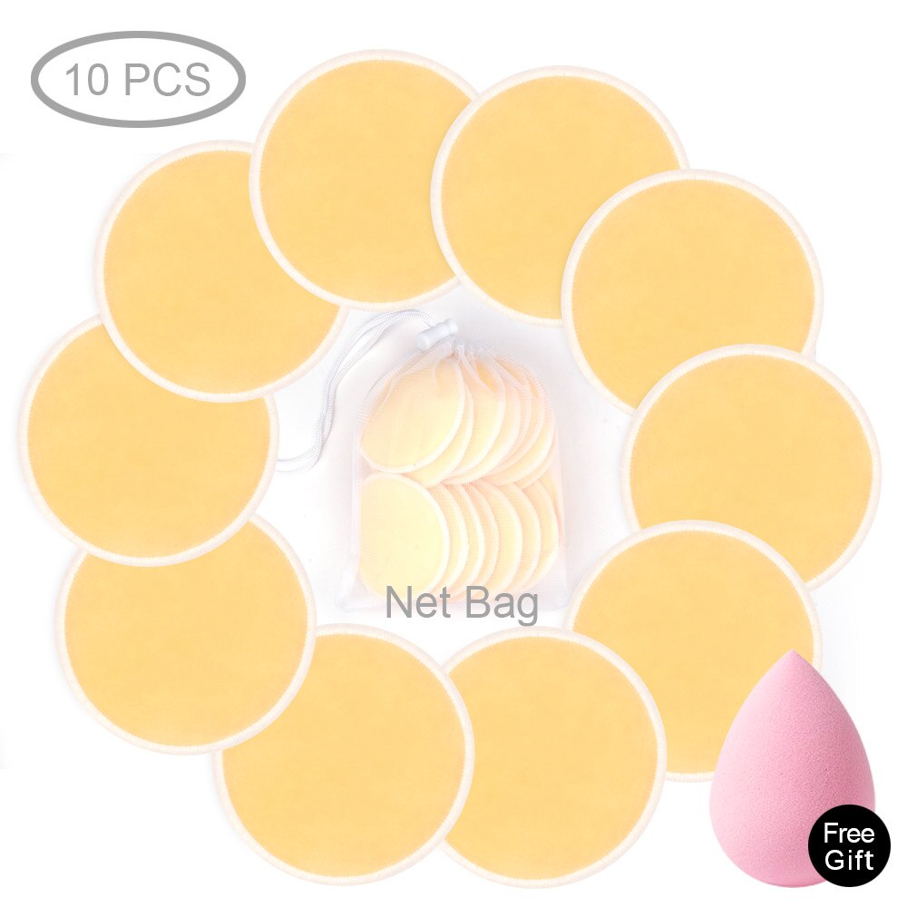 Toallitas limpiadoras reutilizables de algodón para maquillaje, desmaquillantes, lavables, de tres capas, de bambú suave con bolsa de lavandería de malla, herramienta de maquillaje: 10pc Yellow with bag