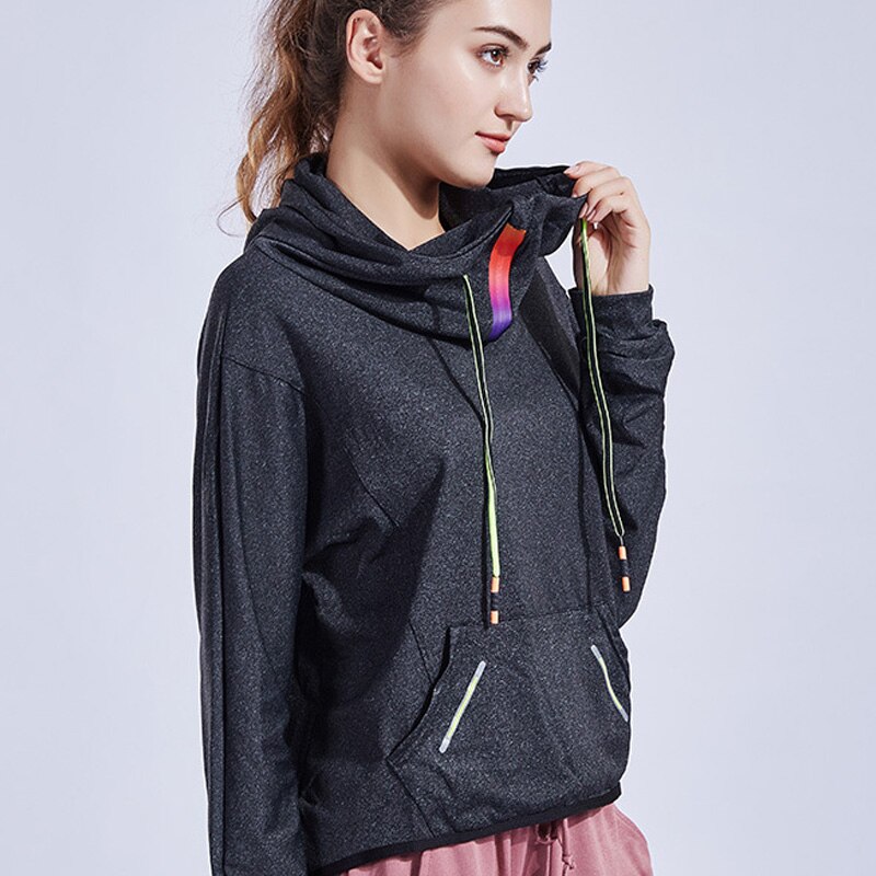 Løs afslappet langærmet hættetrøje vindtæt sports t-shirts toppe lynlås snøre bluse dame jogger træningstøj