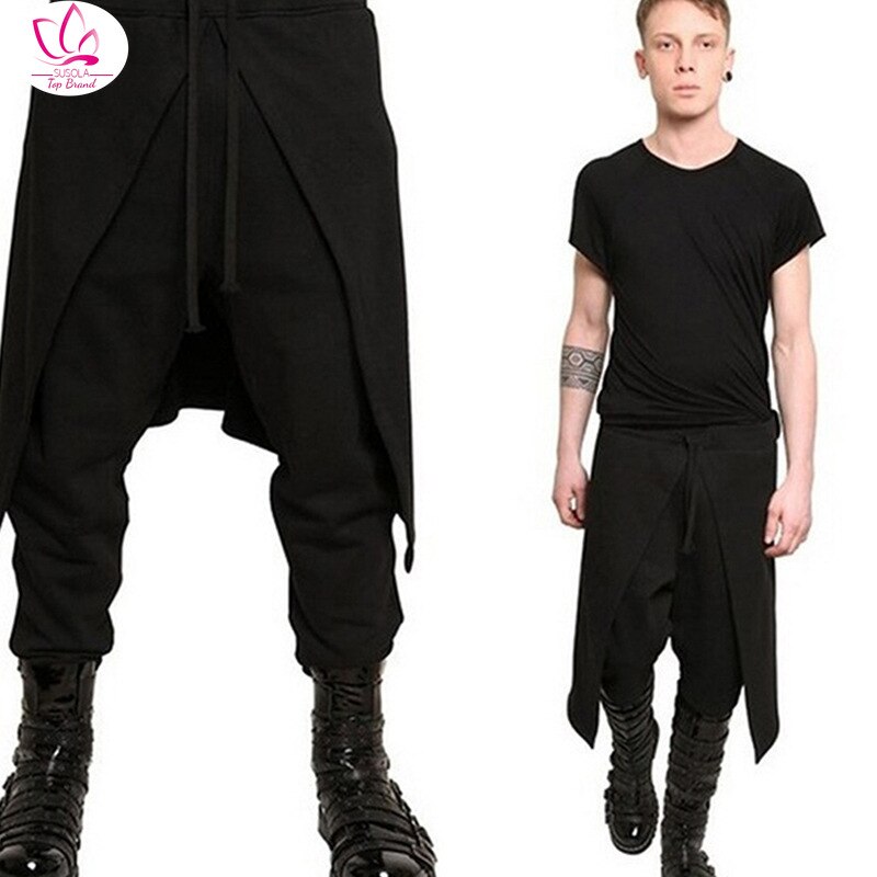 Susola cool herre gotisk punk stil haremsbukser sorte hip hop streetwear skinny kjole nederdel bukser bukser imiteret todelt sæt