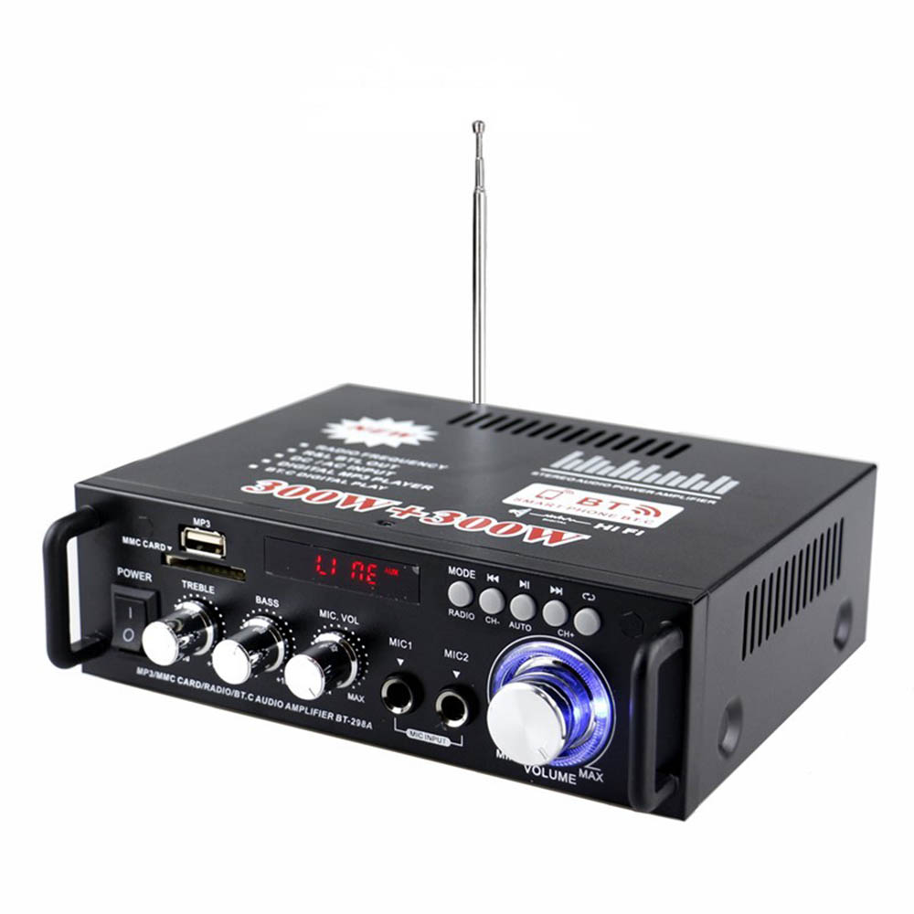 12V/220V BT-298A 2CH LCD Display 300W+300W EU Plug HIFI Audio Stereo Power Amplifier Bluetooth-compatible FM Radio with Remote: Default Title