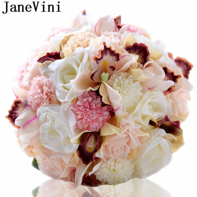 Janevini Elegante Roze Roos Bruiloft Boeket Kunstbloemen Lint Handvat Bridal Broche Diamant Decoratie Bruid Boeket