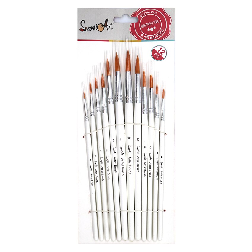 SeamiArt-Juego de pinceles de pintura, 12 Uds., diferentes tamaños, punta redonda, pelo de nailon, mano de madera, pincel de acuarela para suministros de pintura: White