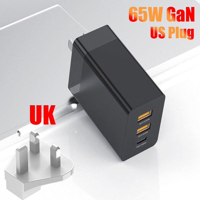 65W USB Fast Charging Adapter Universal PD Type C Quik Charge 3.0 GaN Charger For Samsung Xiaomi iPhone 12 11 Pro Mobile Phone: Black / UK GaN Charger