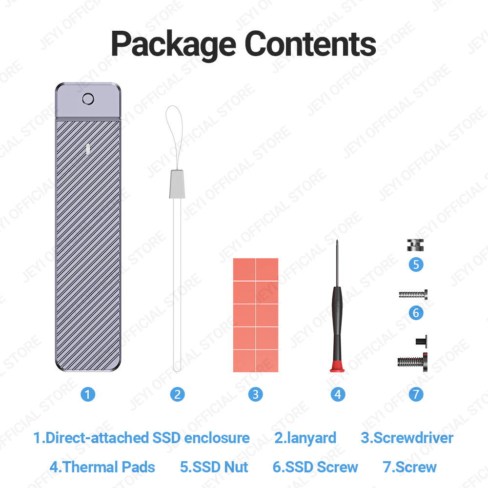 JEYI Direct-Attach M.2 NVMe-Gehäuse, USB-C-Stecker USB 3.2 10 Gbit/s Inline-Aluminium 2242 2280 SSD-Gehäuse mit Magnet-Schutzhülle