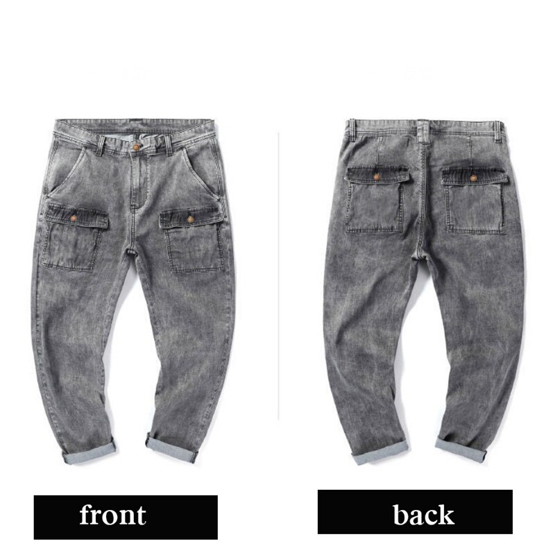 High Stretch Harem Jeans Men Plus Size Style Multi-pocket Cargo Pants Outdoor Loose Gray Washed Trouser