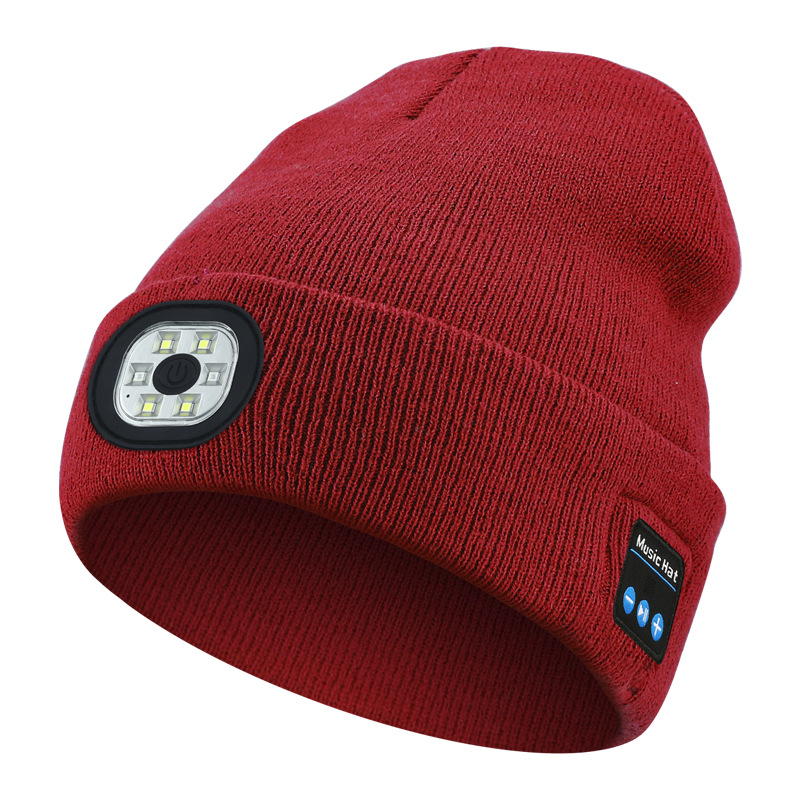 Handfree Warm Beanie Bluetooth 5.0 LED Hat Wireless Stereo Headset Music Player With MIC Support Dimming Rechargeable Battery: wine red
