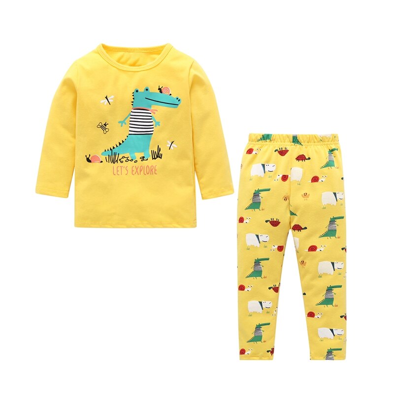 Children Boys Girls Dinosaur Print Sleepwear Sets Long Sleeve T Shirts Long Pants Cute Casual Homewear Cartoon Knitted Cotto: Yellow 4-5T