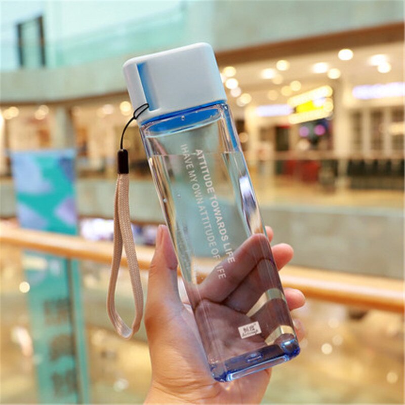 Square Frosted Plastic Water Bottle Portable Transparent Bottle Fruit Juice Leak-proof Outdoor Sport Travel Camping Bottle: blue