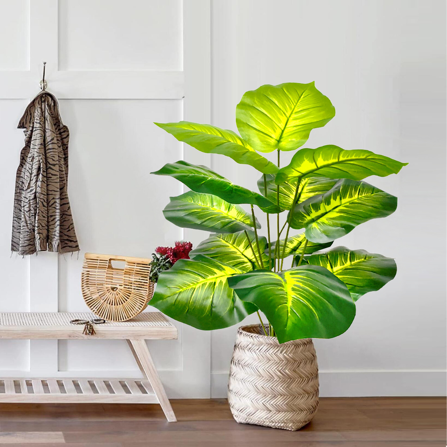 56-85cm kunstige lilla friske taro-akasie gule hjertegrønne eføy-skilpaddeblader til dekorasjon av hjem, hage, kontor