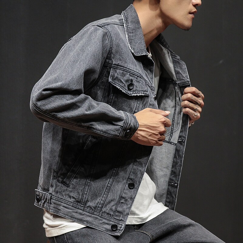 Herfst mannen korte denim jasje, trend slim retro casual jas, grijs denim wilde lente jas heren kleding
