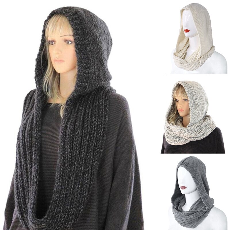 Capucha de punto de ganchillo para mujer, bufanda infinita a prueba de viento, chal largo cálido, envoltura de Color sólido, calentador de cuello
