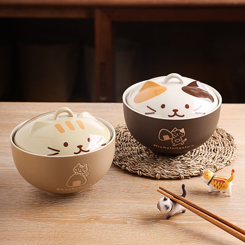 Bol à soupe Ramen avec couvercle en céramique, chat japonais mignon, bols à nouilles, vaisselle de cuisine, plats de service, bol à fruits amusant pour chaton