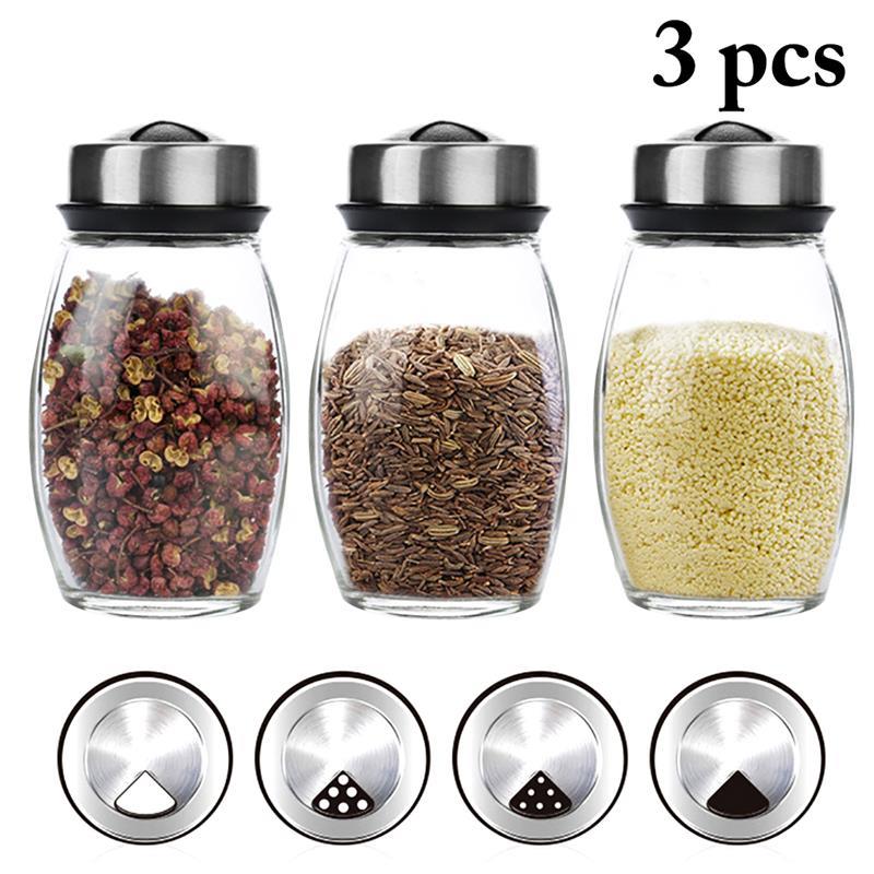 Tarros de vidrio para especias con cubierta giratoria, botellas de azúcar y sal, multiusos, agitador de pimienta, condimentos, utensilios de cocina, 6 uds./3 uds.: 1