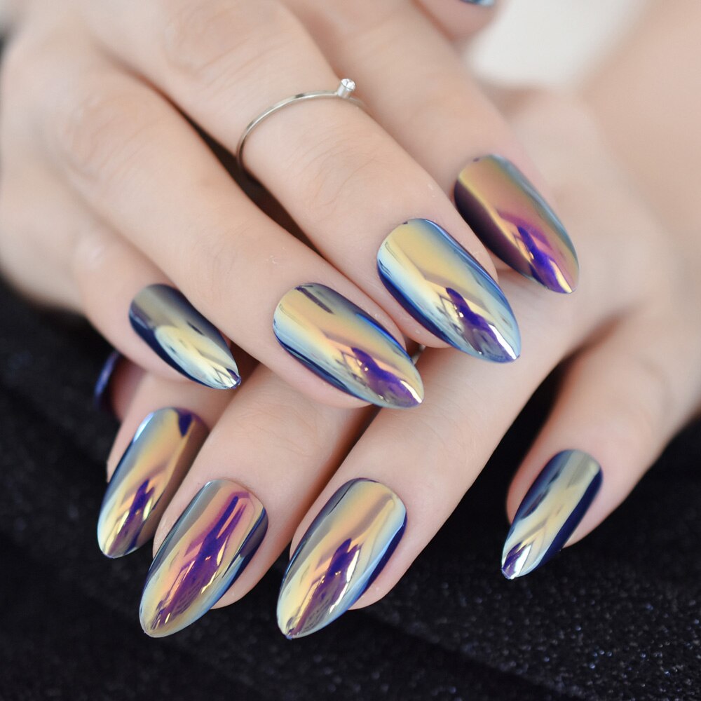 24pcs Zilver Medium Kunstmatige Volledige Gebogen Nail Metal Oval Meisjes Nep Nagels Spiegel Koele Valse Nagel Met Lijm Sticker: L5022