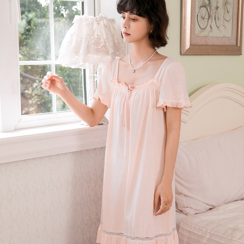 Women Vintage Nightgowns Nighty Cotton Viscose Lace Splice Peignoir Sleepwear White Pink Retro Victorian Night Dress Nightwear
