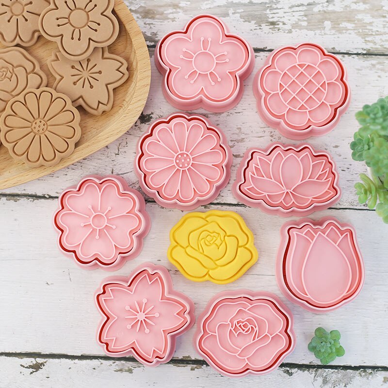 8 Pcs/set Cookie Cutters Plastic 3D Flower Shape Cartoon Pressable Biscuit Mold Cookie Stamp Kitchen Baking Pastry Bakeware