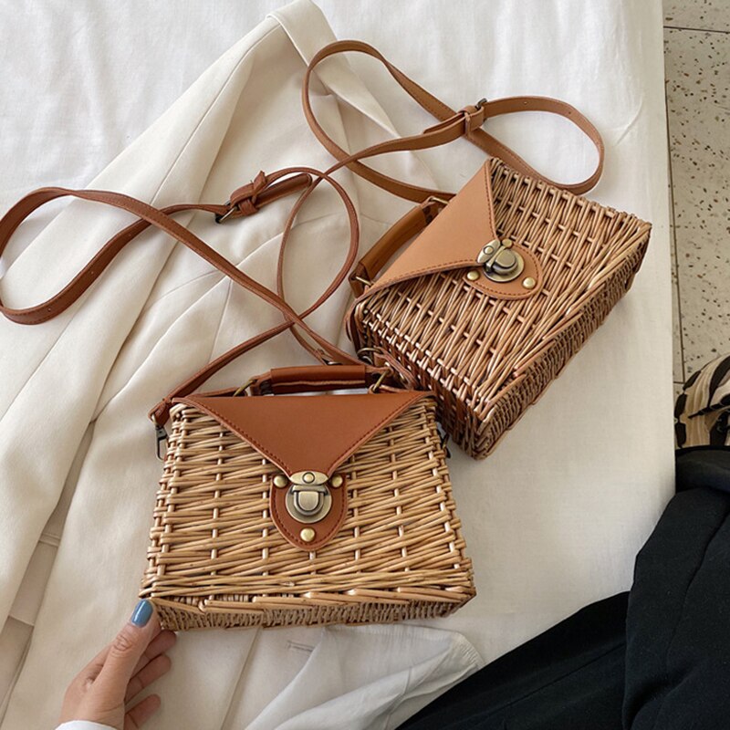 Summer Bali Hand Woven Women Rattan Bag Beach Shoulder Crossbody Bags Top-handle Picnic Bags Knitting Travel Handbags