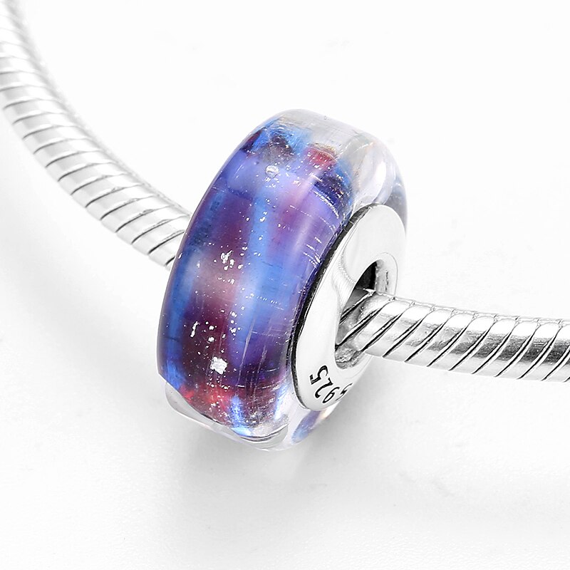 925 prata esterlina diy moda roxo e azul contas de vidro caber original europeu charme pulseira jóias fazendo