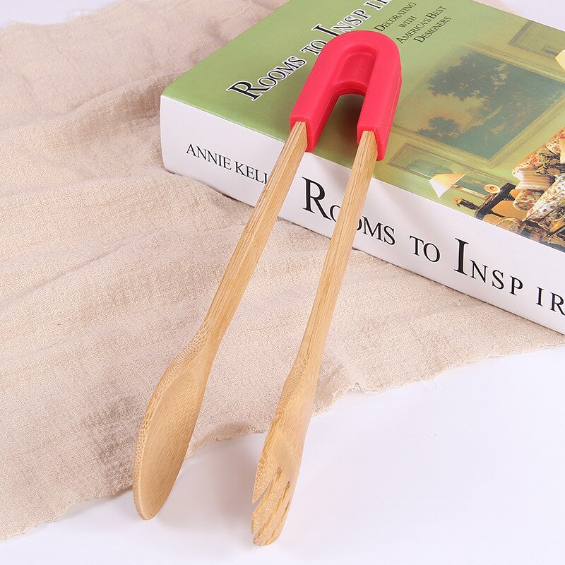 Pinzas para comida de bambú tostar, pastel de madera, ensalada bolsa con Clip para aperitivos, mango de silicona, pinzas para pan y barbacoa, utensilios de cocina, pinchos: Gris claro