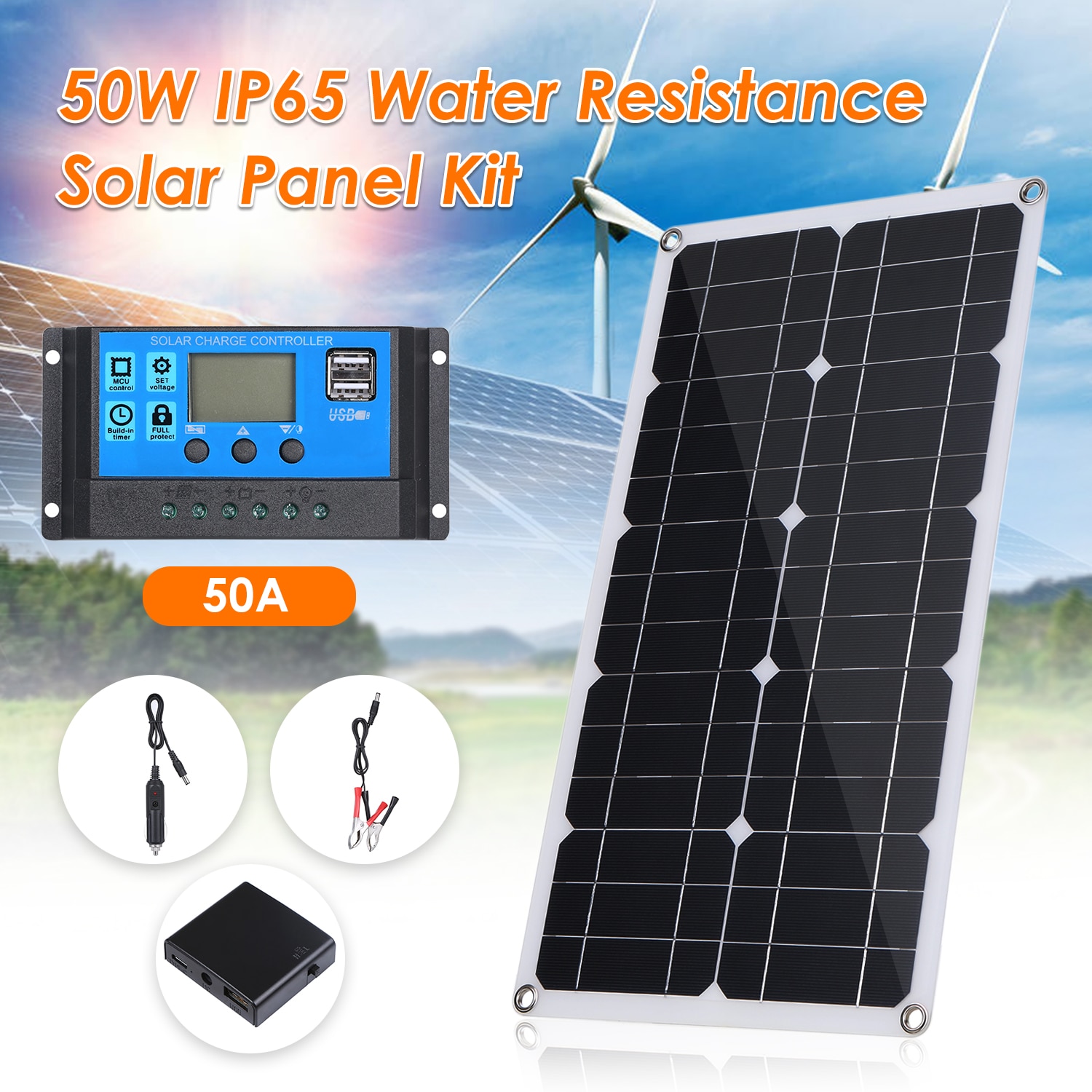 50w solpanel usb 12v monokrystallinsk celle  +10-50a soloplader controller til batteri mobiltelefon oplader med batteriklip: Med 50a controller