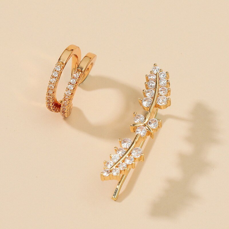 1 Set Minimalistische Little C Cubic Zircon Kraakbeen Blad Oorbellen Clips Sets Voor Vrouwen Chic Street Stijl Oor Manchetten