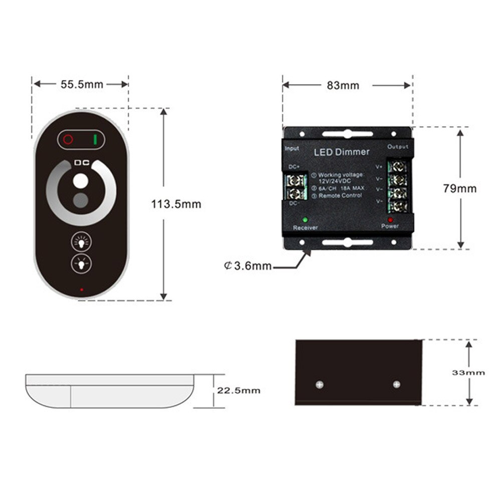 Touch led rgb enfärgad dimmer controller  rf 433 mhz trådlös 18a 216w dc 12v 24v led fjärrkontroll för led strip lampor