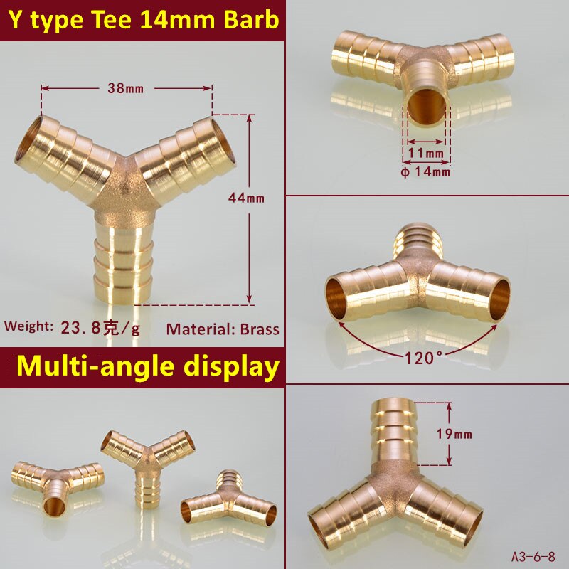 1PC Brass Barb Pipe Fitting Y Type 3 way tee connector For 4mm 5mm 6mm 8mm 10/12/14/16/19/25mm hose copper Pagoda Tube Fittings: Brown