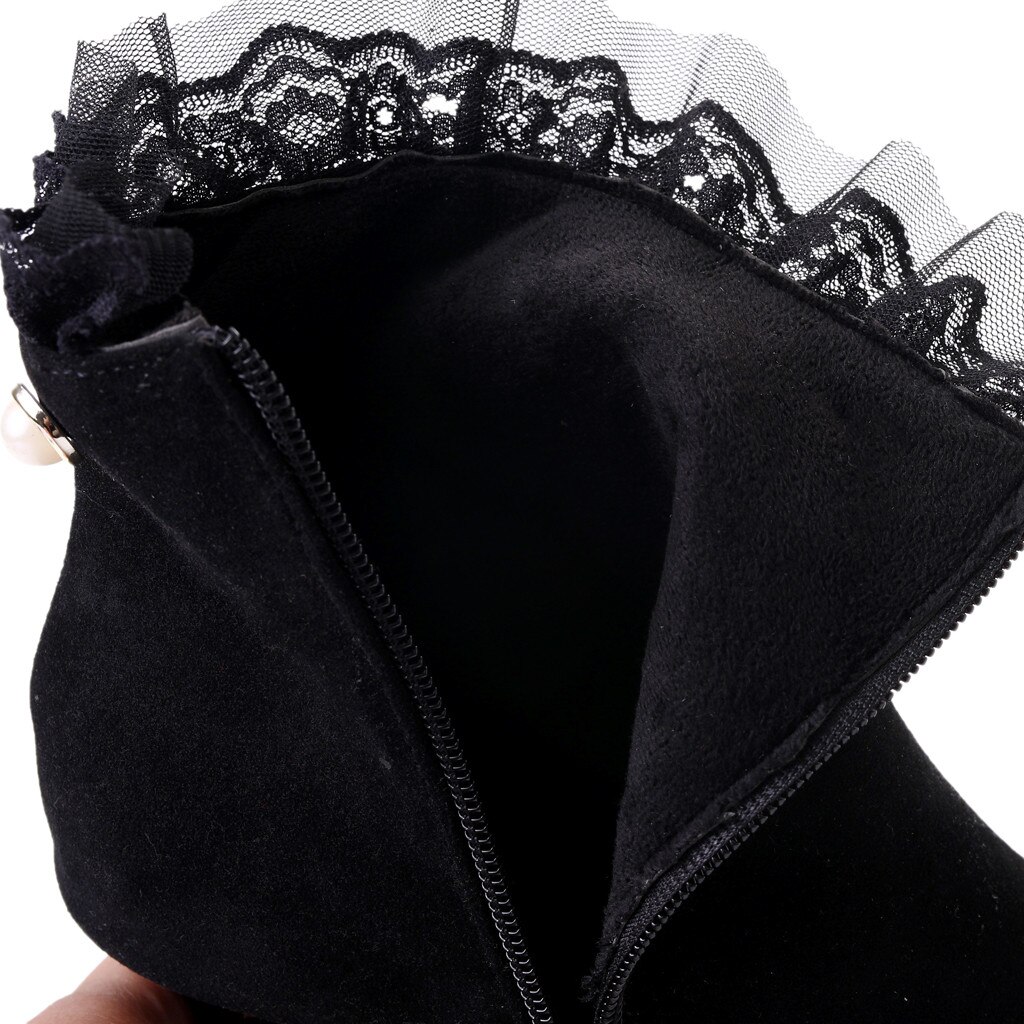 Botas elegantes de encaje para Mujer, Botines de tacón de lujo, aterciopelados, cortas, de , con perlas y punta estrecha, color negro,